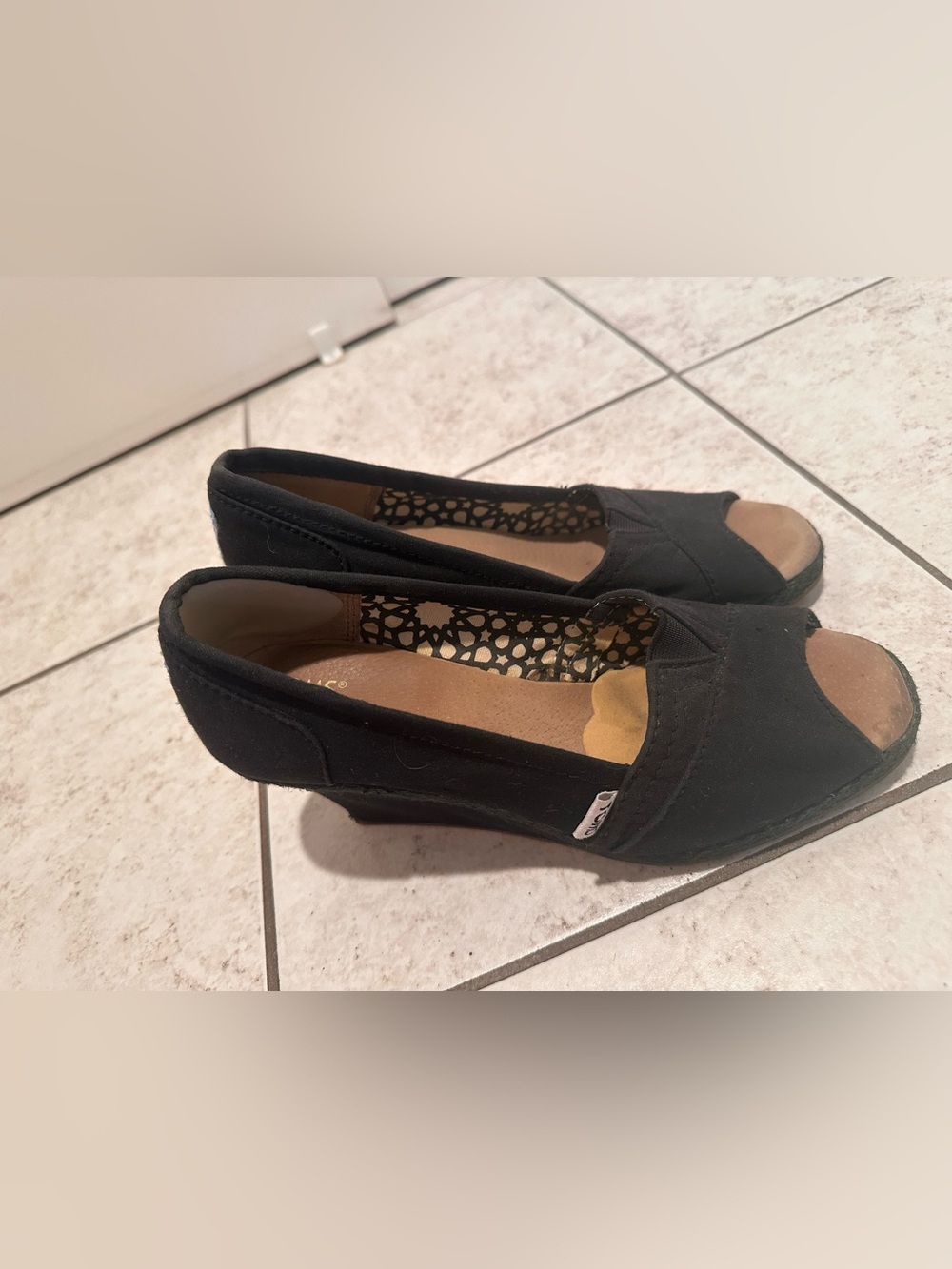 Toms Black Women's Peep-Toe Wedge Heels